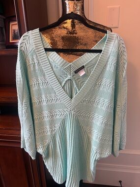 VENUS Mint Open-Knit V-Neck Tie-Front Sweater